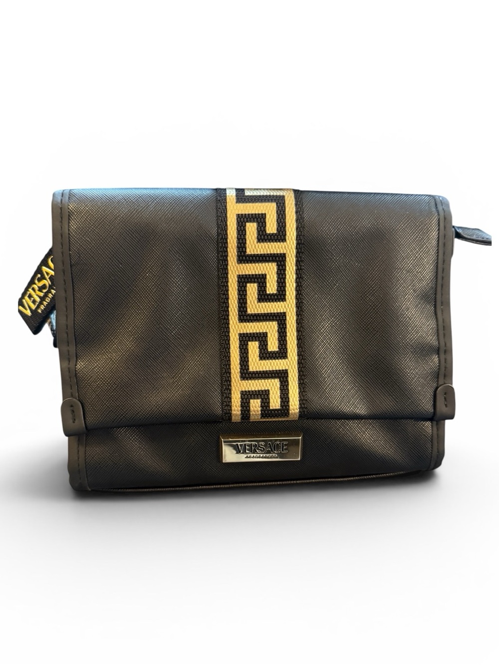 Versace Black Travel Toiletry Pouch with Gold Greek Key Stripe